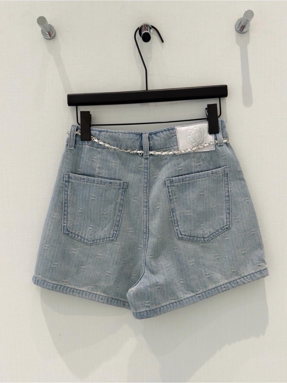 CHANEL Light Blue Distressed Denim Jean Shorts with Silver Chain - Picture 2 of 4